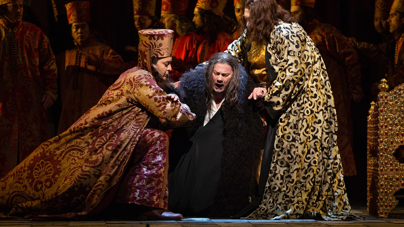 Aleksey Bogdanov as Shchelkalov, René Pape as Boris, and Maxim Paster in BORIS GODUNOV | Copyright: © Marty Sohl / Met Opera